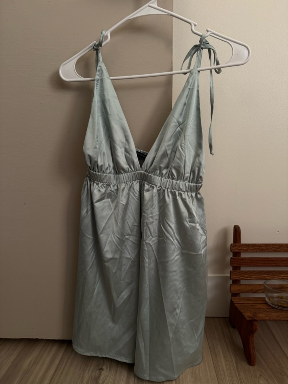 Fashion Nova Sage Green Satin V-Neck Mini Dress